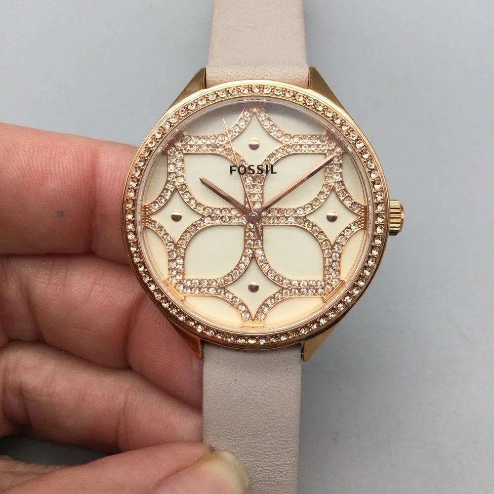 Fossil BQ3533 Womens Watch 36mm Cream Dial Beige Leather Crystals New Battery
